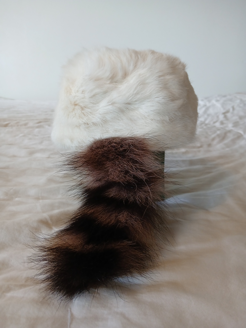 Luxury Vintage White Rabbit Fur Hat with Racoon Tail Size Medium